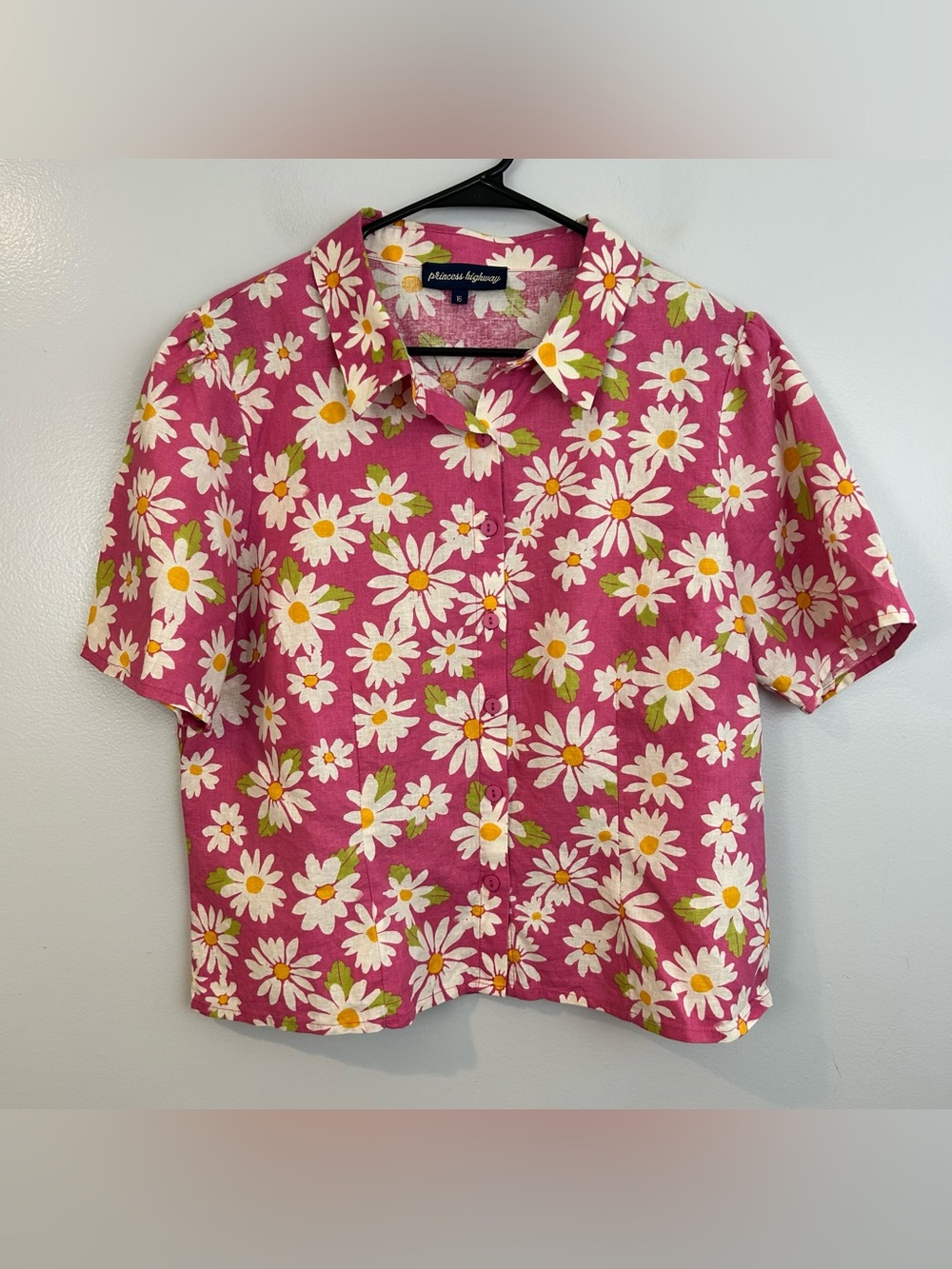 Princess Highway Pink Floral Linen Blend Short Sleeve Boxy Button Down Shirt LG